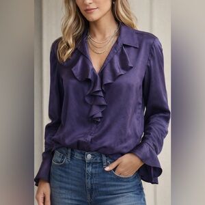💜 Anne Klein 100% Silk Ruffle Blouse | Size 10 | Covered Buttons